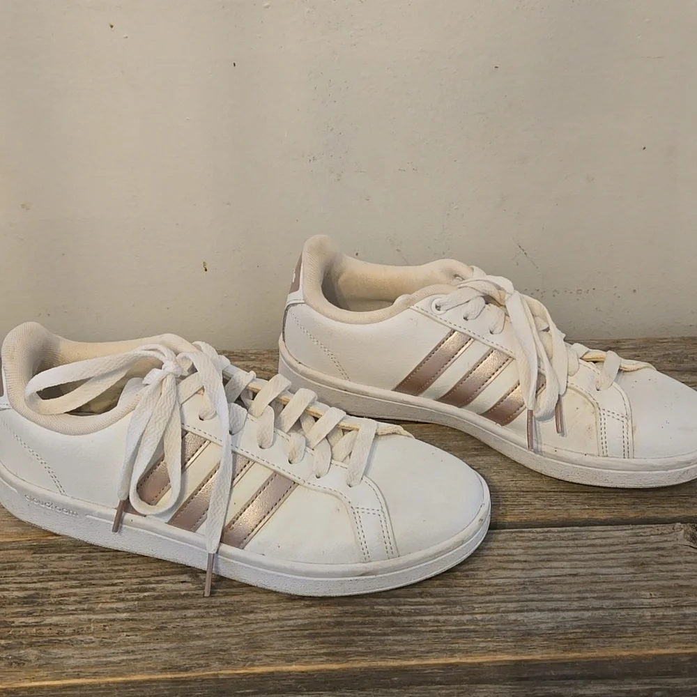 Adidas White And Rose Gold Striped Sneakers